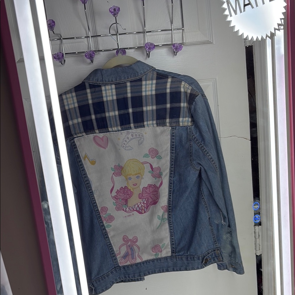 90s barbie Denim Jacket with Plaid and Graphic Design